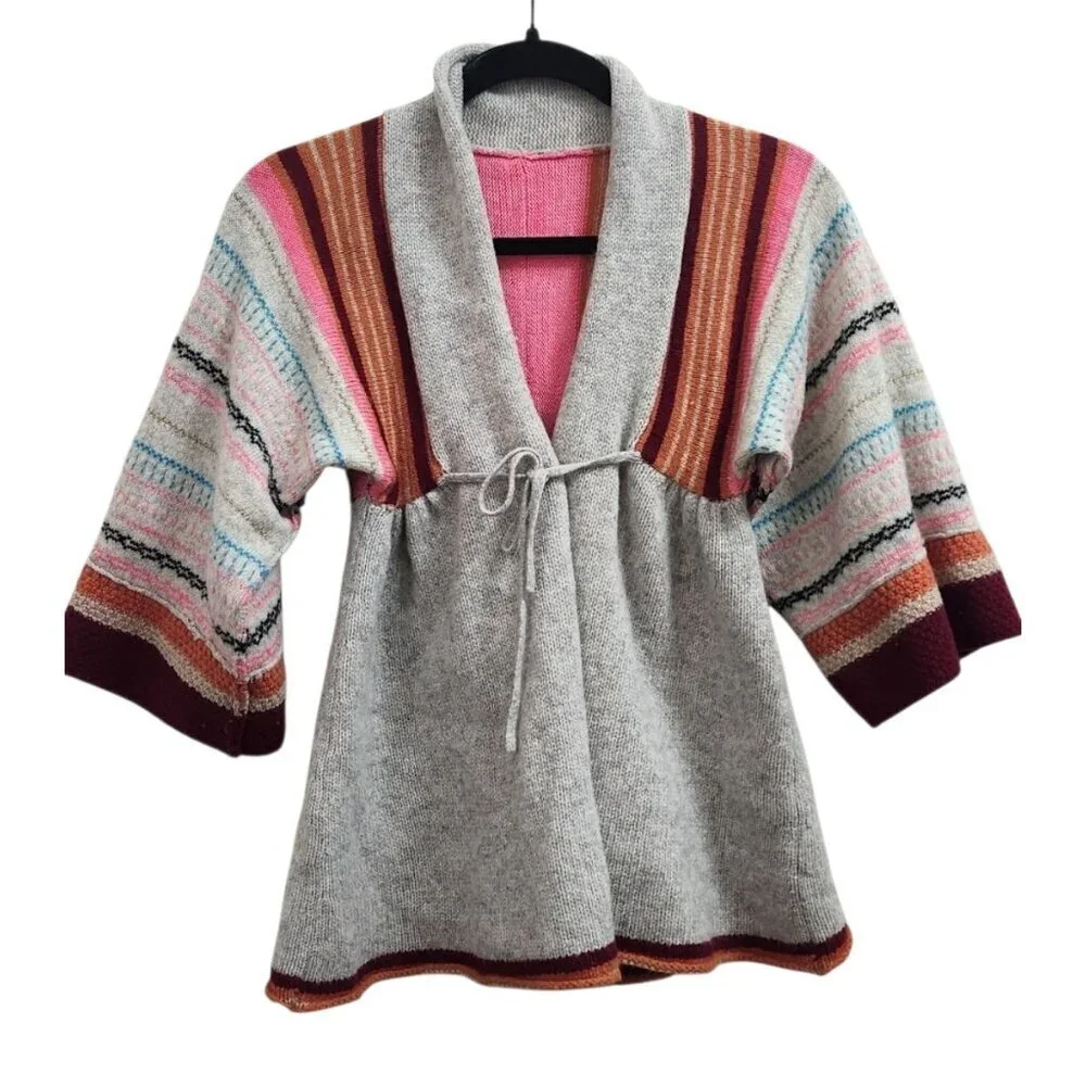 Vtg Y2k Free People Cardigan Sweater S Stripe Pink Red Turquoise Kimono Open